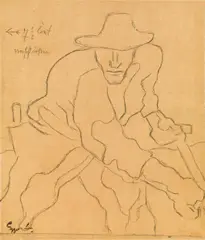 Albin Egger-Lienz, Ein Schnitter (Linke Figur), Übertragungszeichnung, um 1920/1922, Bleistift und schwarze Kreide auf bräunlichem Transparentpapier, auf dünnen Karton kaschiert