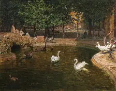 Stefan Simony, Zoo of Schönbrunn (bird house with water basin), oil on cardboard