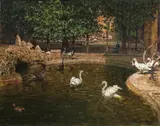 Stefan Simony, Zoo of Schönbrunn (bird house with water basin), oil on cardboard