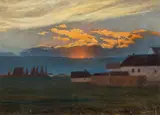 Eduard Kasparides, Abendstimmung mit Sonnenuntergang, Öl auf Karton