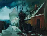Victor Pipal, Winterliche Straßenflucht, Öl auf Sperrholz