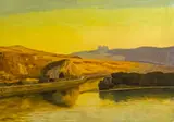 Eduard Kasparides, Abendstimmung am Fluss, Öl auf Karton