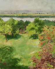 Eduard Bäumer, Landschaft mit Fluss im Hintergrund, um 1910, Öl auf Leinwand
