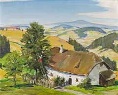 Albrecht Dunzendorfer, Beim Kirschpflücken, 1955, Öl auf Pressspanplatte