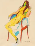 Weiblicher Akt auf rotem Sessel by Alfred Kornberger, 1987, Mischtechnik auf Papier, offered Feb 2016