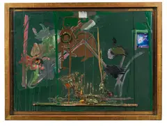 Dieter Roth, Schreibmattenbewohner, Collage (Ölfarbe, Kunstharzlack, Acrylfarbe, Spraylack, Malutensilien, Foto, Holzleiste) auf Platte