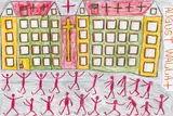 August Walla, Schule, Mischtechnik auf Papier