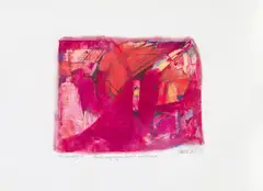 Robert Hammerstiel, Konvolut aus vier Arbeiten: Figur an der Tür, o.T.; Figurale Bewegung in Magenta und Orange; o.T.;, Holzdruck (Handdruck), Holzdruck EA (Handdruck), Stahlmonotypie,Bleistift auf Papier; alle ungerahmt