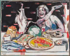 Peter Sengl, Grünliches Mahl (Tellerwerfen), 1988, Mischtechnik auf Papier