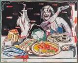 Peter Sengl, Grünliches Mahl (Tellerwerfen), 1988, Mischtechnik auf Papier