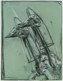 Peter Sengl, In Widderköpfe hören, 1987, Mischtechnik auf Papier; ungerahmt