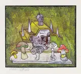 Peter Sengl, Vier davon können aufgespießt werden, 1974, Mischtechnik auf Papier; ungerahmt