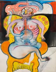 Franz Ringel, Große sitzende Frau auf geblümten Sofa, 1969, mixed media on paper on hardboard