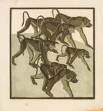 Baboons by Norbertine Bresslern-Roth, colour linocut on paper, unframed, sold Nov 2015