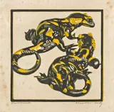 Two fire salamander by Norbertine Bresslern-Roth, colour linocut on paper, unframed, sold Nov 2015