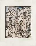 Drei Frauen am Wasser by Erich Heckel, 1923, woodcut on paper, hand coloured, sold Nov 2015