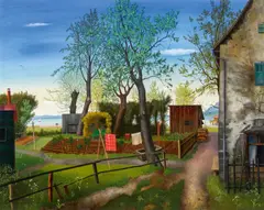 Rudolf Wacker, Uferlandschaft (view from Mehrerau to Lindau and Pfänderrücken), 1935, mixed media on plywood
