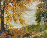 Edward Cucuel, Lady in white by the lake, oil on canvas