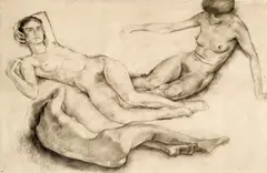 Ernst Nepo, Three sisters, 1927, charcoal on paper on canvas