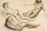 Ernst Nepo, Three sisters, 1927, charcoal on paper on canvas