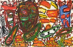 Peter Pongratz, Hubschrauber Panzer und fliegende Köpfe, 1993, mixed media on paper