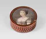 Box with the portrait of Mlle de Varembon by attributet to Lié Louis Périn-Salbreux, miniature painting on ivory; box: blond 	tortoiseshell with pink gold (lid slightly damaged), offered Nov 2015