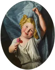 Ferdinand Georg Waldmüller, Girl lifting up a curtain and offering roses, 1855, oil on canvas