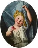 Ferdinand Georg Waldmüller, Girl lifting up a curtain and offering roses