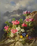 Andreas Lach, Alpine flowers in mountain scenery, oil on panel