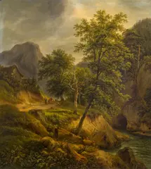 Joseph Mössmer, Shepherds with their flock in mountain landscape, 1831, oil on panel