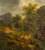 Joseph Mössmer, Shepherds with their flock in mountain landscape, 1831, oil on panel