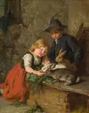 Felix Schlesinger, Two childred feeding rabbits