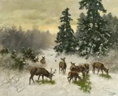 Josef Schmitzberger, Deer in the forest in winter, oil on canvas