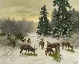 Josef Schmitzberger, Deer in the forest in winter, oil on canvas