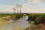 Ferdinand Brunner, Wide river landscape, 1896, oil on canvas laid down on cardboard