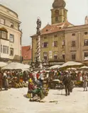 Market at the Herrenplatz in St. Pölten by Johann Nepomuk Geller, oil on canvas on cardboard, offered Nov 2015