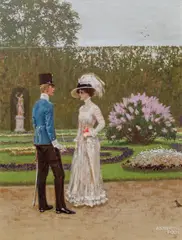Alexander Pock, Rendezvous in the castle grounds in Schönbrunner, oil on canvas on cardboard