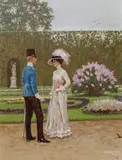 Alexander Pock, Rendezvous in the castle grounds in Schönbrunner, oil on canvas on cardboard