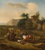 Southern landscape with wayfarers and animals by Jan Vermeer van Haarlem the Younger, 1675, oil on canvas, sold Nov 2015