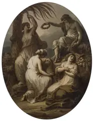 Angelika Kauffmann, Industry, attended by Patience […], oil (grisaille) on cardboard on canvas