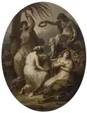Angelika Kauffmann, Industry, attended by Patience […], oil (grisaille) on cardboard on canvas
