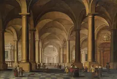 Jan van der Vucht, Church interior with elegant figures, oil on panel