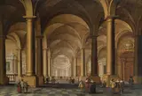 Jan van der Vucht, Church interior with elegant figures, oil on panel