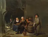 attributet to Mattheus Van Helmont, Interior with peasants in front of a firplace, oil on panel