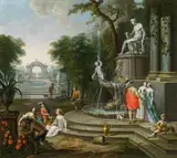 Elegant scene in a park with a palace architecture by Franz Christoph Janneck, c. 1735, oil on canvas, offered Nov 2015