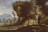 Alessio de Marchis, River landscape with rocks and village, c. 1730, oil on panel