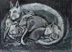 Schlafkatze by Dominik Schmitt, 2013, mixed media on paper on canvas, sold Oct 2015