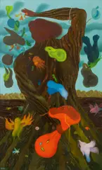 Arik Brauer, Alles Vogelfutter, 1971, oil on paper primed with acrylics on plywood, laminated with PVA glue