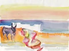 Maria Lassnig, Frau vor einem Esel knieend, 1996, watercolour on laid paper