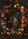 attributet to Giovanni Stanchi, A garland of flowers around a cartouche depicting Saint Barbara, oil on canvas